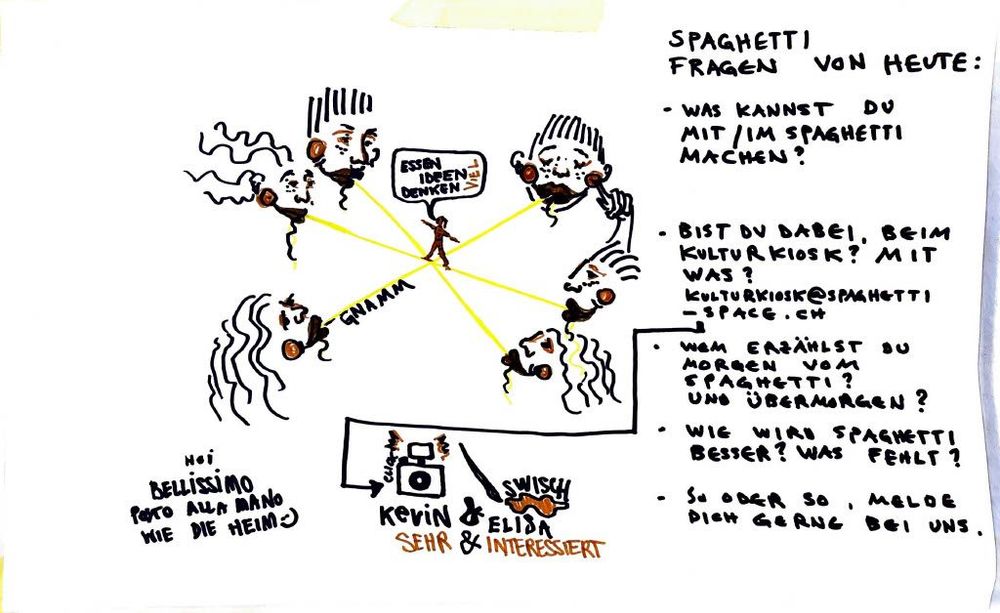 SPAGHETTI FRAGEN VON HEUTE:

* WAS KANNST DU MIT/IM SPAGHETTI MACHEN?
* BIST DU DABEI, BEIM KULTURKIOSK? MIT WAS?
  [KULTURKIOSK@SPAGHETTI-SPACE.CH](mailto:KULTURKIOSK@SPAGHETTI-SPACE.CH)
* WEM ERZÄHLST DU MORGEN VOM SPAGHETTI? UND ÜBERMORGEN?
* WIE WIRD SPAGHETTI BESSER? WAS FEHLT?
* SO ODER SO, MELDE DICH GERN BEI UNS.

ESSEN IDEEN DENKEN VIEL
GNAMM
HOI BELLISSIMO PASTA ALLA MANO WIE DIE MAMA
KEVIN & ELISA SEHR & INTERESSIERT
SWISH