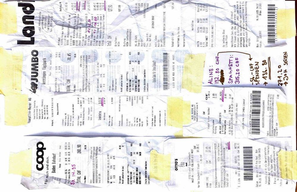 **Land**
Moser’s Thalwiler AG
Aeschstrasse 21, 5430 Wettingen
Tel. 056 426 15 16 | [www.landi.ch](http://www.landi.ch)
MwSt-Nr. CHE-105.978.116 MWST

Kundennummer: 1723031892
Datum: 16.10.2025 / 15:22
Kassiererin: M. Moser

1x Wurzelholz natur 9.95
2x Gummihammer 2.50 5.00
1x Bandmass 3m 4.90
1x Besenstiel 1.95
1x Handfeger 5.90
1x Putzschwamm 3.95
1x Putzmittel 6.95
1x Besen 14.95
1x Schaufel 7.95
TOTAL CHF 61.50

Bar bezahlt
MwSt 7.7% 4.39

---

**Jumbo Wettingen Tägi-Park**
Datum: 16.10.2025 / 14:48
Kassier: E. Schneider

1x Schleifpapier Set 12.95
1x Farbe weiss 22.90
1x Holzlasur 29.90
1x Pinsel 4.70
TOTAL CHF 70.45
Bar bezahlt

---

**Coop**
Baden Bahnhof
Datum: 16.10.2025 / 13:33
Kassiererin: S. Marti

1x Pasta Spaghetti 5x à 2.95 14.75
1x Olivenöl 10.90
1x Pesto 9.80
1x Brot 5.20
1x Käse 7.90
1x Tomaten 6.30
1x Gemüse 12.50
1x Getränke 23.55
TOTAL CHF 90.90

---

**Otto’s**
Wettingen
Datum: 16.10.2025 / 12:15

1x Teller Set 12tlg 34.90
1x Gläser 6er 14.90
1x Besteck 24tlg 29.90
TOTAL CHF 79.70

---
ALINE: 192.80 CHF
SPAGHETTI: 315.20 CHF
55.– CHF SPENDEN
→ 136.80
→ JH ESSEN
371.20
